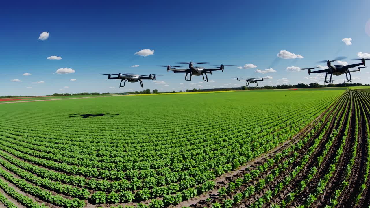 Aerial video of drones flying over lush green farmland