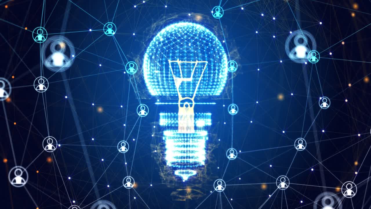 파란색 배경에 연결 네트워크와 함께 회전하는 전구의 애니메이션