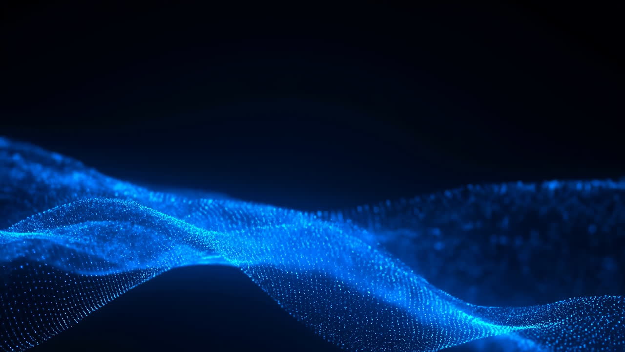 Glødende blå partikelbølge strømmer over mørkt felt, digitale gitterpunkter danner streaming datavisualisering