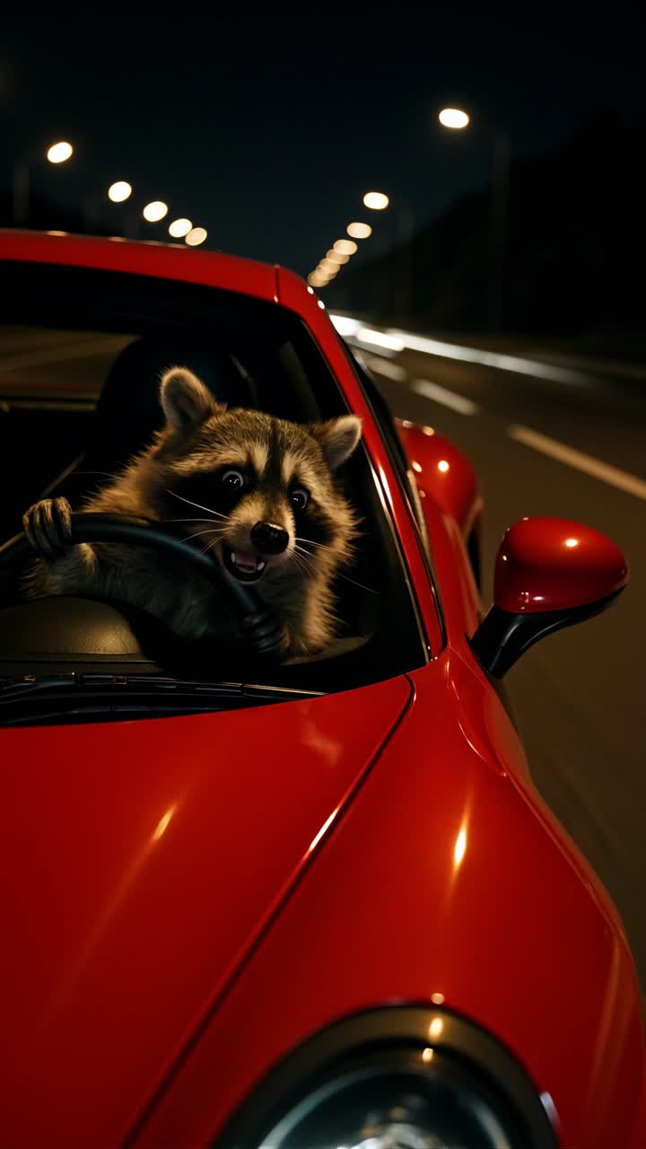 A raccoon drives a red car at night, captured from a low-angle shot