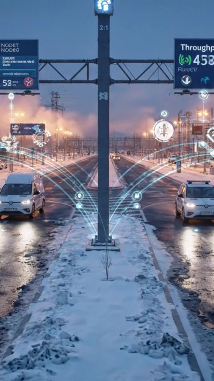 Una scena invernale di traffico urbano con display digitali che illuminano una strada ghiacciata, mostrando veicoli e dintorni coperti di neve nell'atmosfera crepuscolare