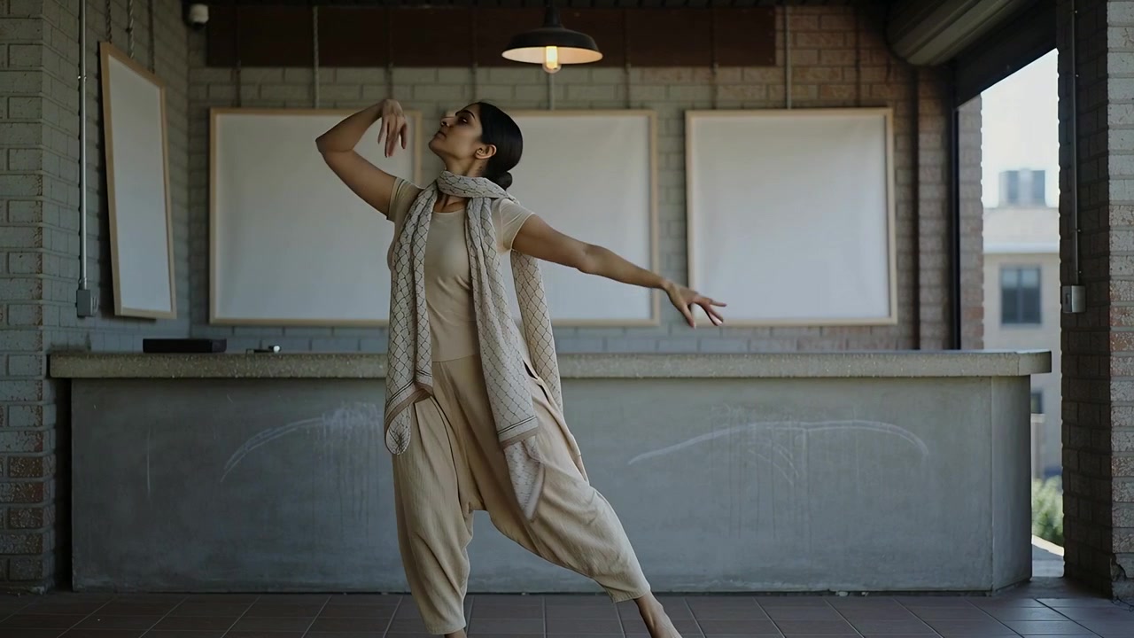 Entering dancer in beige initiating turn, rehearsing dance phrase on covered porch with panels
