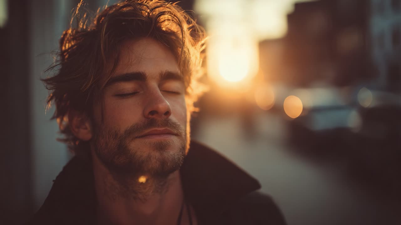 Un momento sereno al tramonto: un giovane si gode una pacifica riflessione mentre il sole dorato svanisce dietro di lui, creando un'atmosfera calda e sognante su una strada.