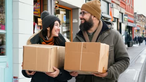 a man and a woman carrying boxes down the street