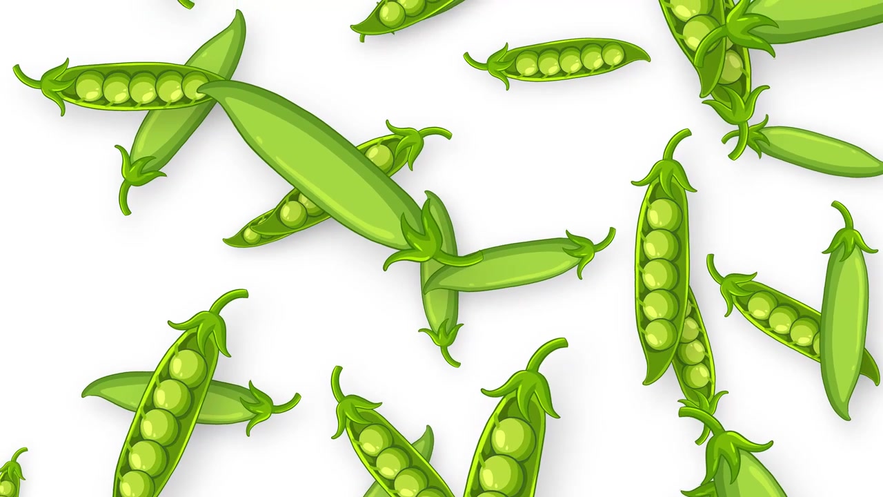 Animated green pea pods and open shells falling against a clean white background.