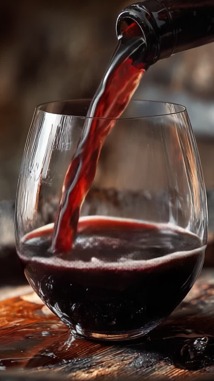 Una trasformazione grandiosa: l'arte di versare vino rosso intenso in un bicchiere, catturando le ricche tonalità e le texture mentre il liquido scorre nel recipiente