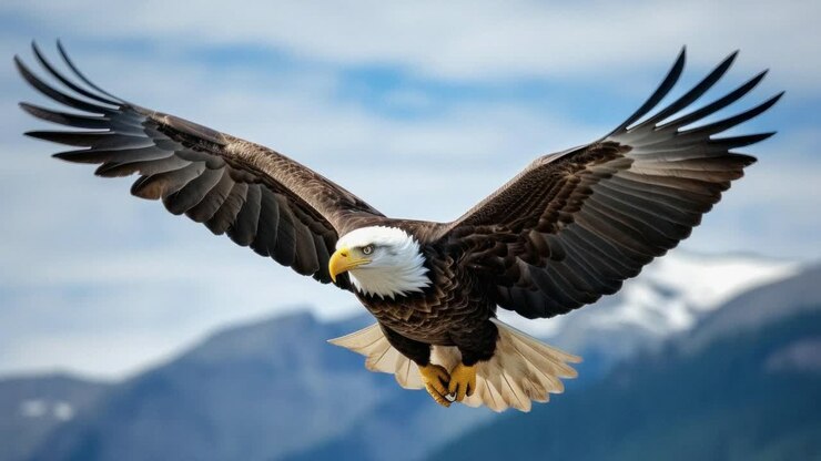 A majestic eagle in flight, captured mid-air from a low-angle, highlighting its wingspan