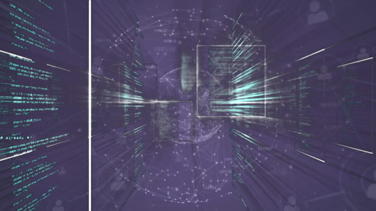 animación de cuadrados sobre puntos conectados que forman un globo y lenguaje informático en fondo negro