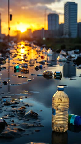 urban landscape marred by plastic waste during sunset hours