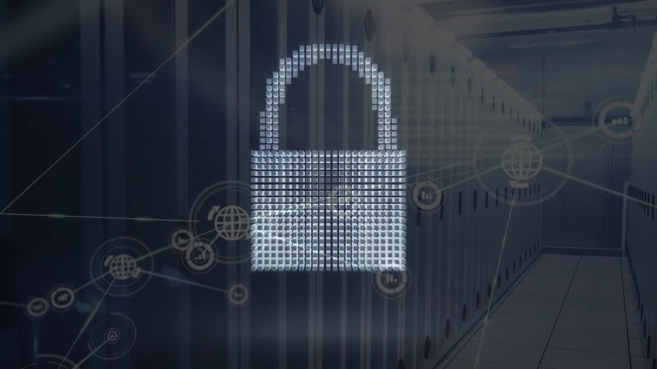 animación de iconos de nube, candado y escudo con red de conexiones a través de la sala del servidor