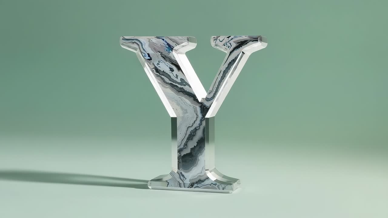 Rotating letter Y revealing marbled face, showing silver side on green corner with shifting shadow