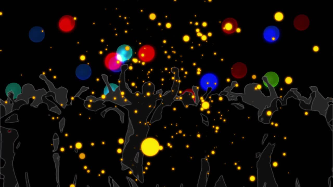 ダンサーの上空を浮遊する色とりどりの光球が火花を散らし、ダンサーたちは腕を上げて光の天蓋を形成。