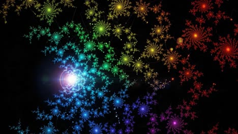 a beautiful visualization of colorful fractal patterns dancing in cosmic space, displaying complex geometry and vibrant energy with swirling designs