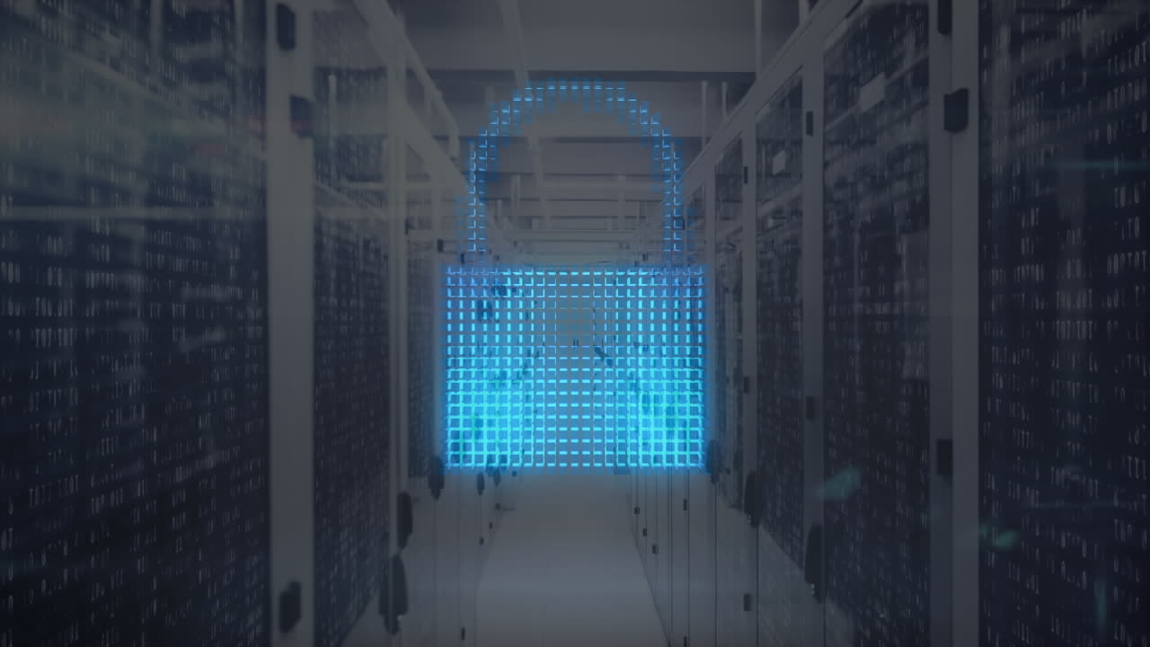 Animation of padlock and data processing over computer servers