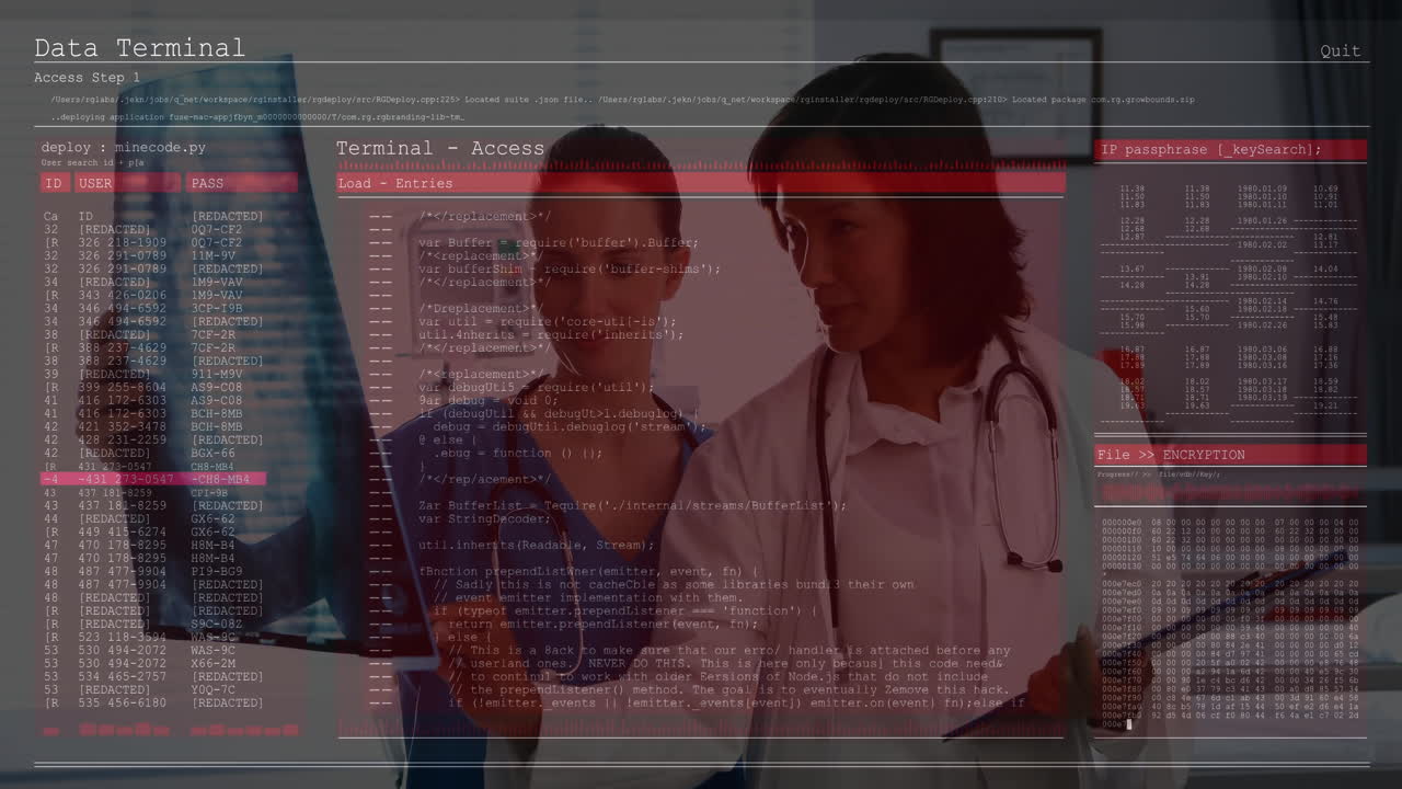 female medical professionals standing in health office, examining encrypted data overlay on monitor