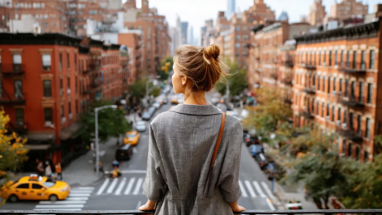 A Thoughtful Moment: A Young Woman Gazes at the Vibrant Cityscape, Capturing the Essence of Urban Life and Reflection from an Elevated Perspective