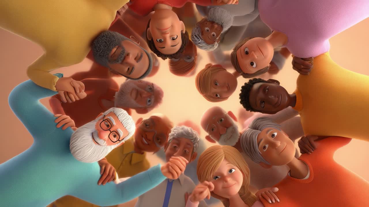 A Diverse Group of Cheerful Characters Engaging in a Heartwarming Moment of Connection and Joy as They Form an Uplifting Circle of Friendship and Togetherness