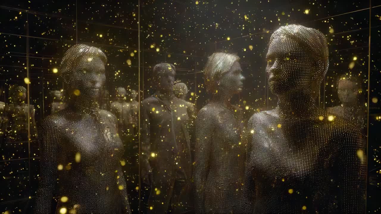 A mesmerizing exploration of ethereal figures in a shimmering space, surrounded by a cascade of golden particles that create an enchanting atmosphere of mystery and illusion