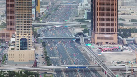 sunset twilight dubai city main traffic road roof top view 4k time lapse united arab emirates