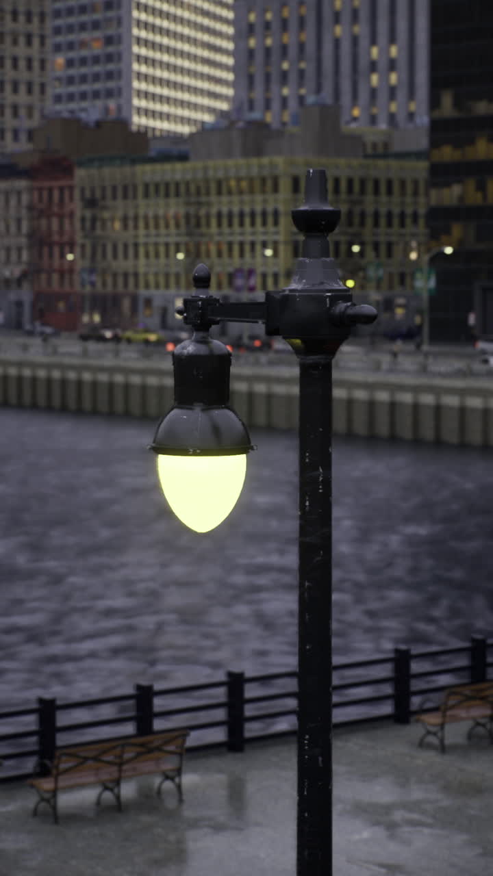 City waterfront at dusk with lamp posts and calm water view