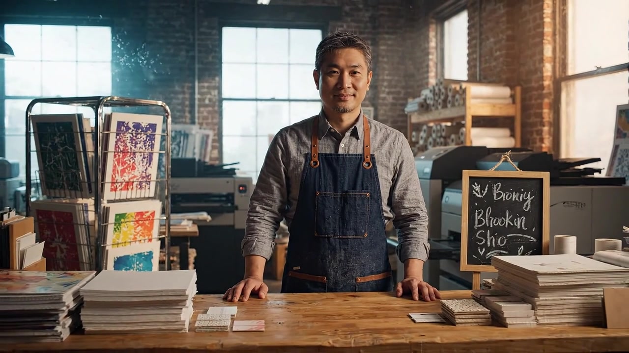 Seorang seniman yang percaya diri berdiri dengan bangga di ruang kerja kreatif, dikelilingi cetakan yang cerah, menampilkan hasrat mereka terhadap seni di lingkungan studio yang terang benderang