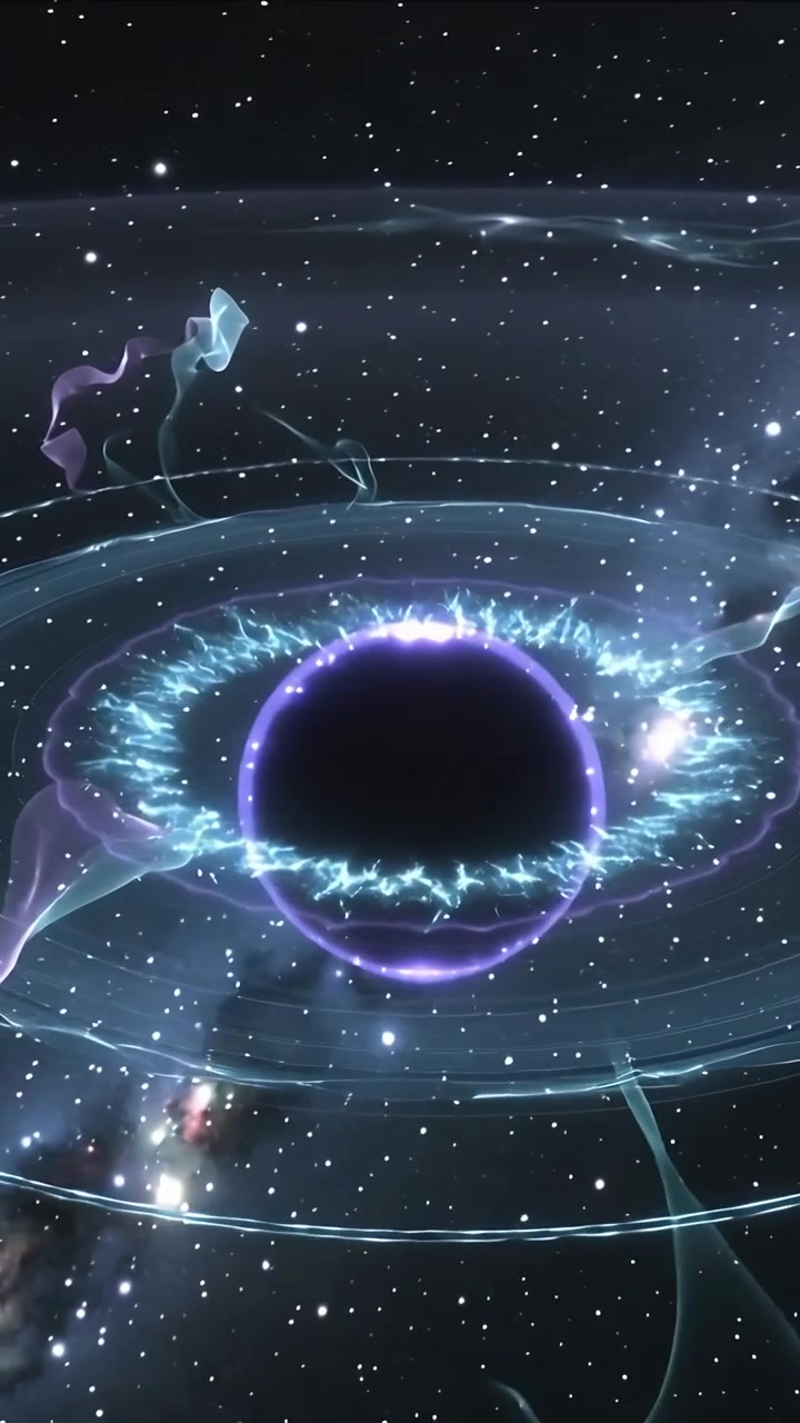 Vertical video: Pulsing ring sending ribbons and camera panning showing purple-rim sphere in space