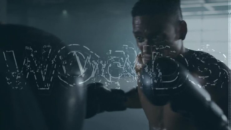 Animazione di elaborazione dati e testi motivazionali su un uomo atletico afroamericano che fa boxe in palestra