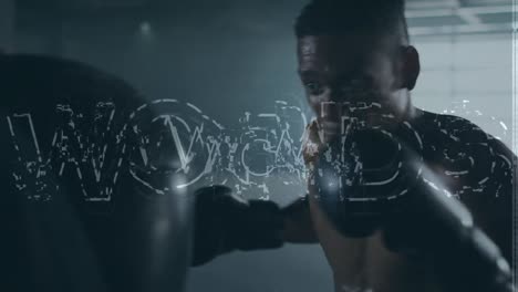 animación de procesamiento de datos y textos motivadores sobre el boxeo de hombres en forma afroamericanos en el gimnasio