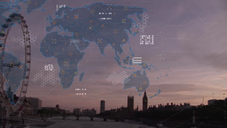 animation of world map and data processing against aerial view of cityscape