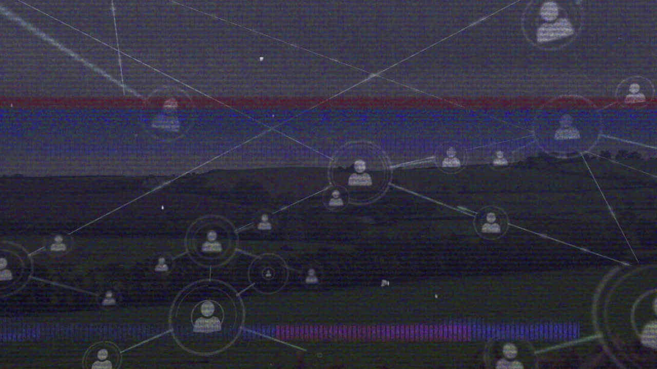 Data processing animation with network connections overlay on landscape scene