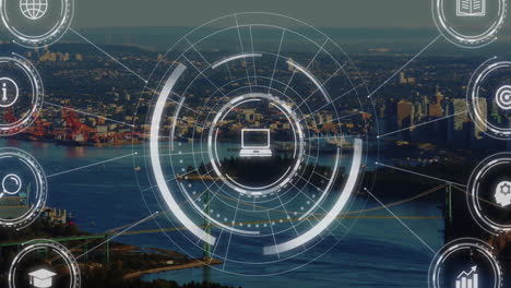 animation of connected icons with circles over cityscape with boat moving in ocean