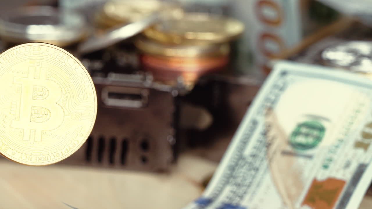 Composition with golden and silver bitcoin crypto money, dollars and computer graphic mining cards