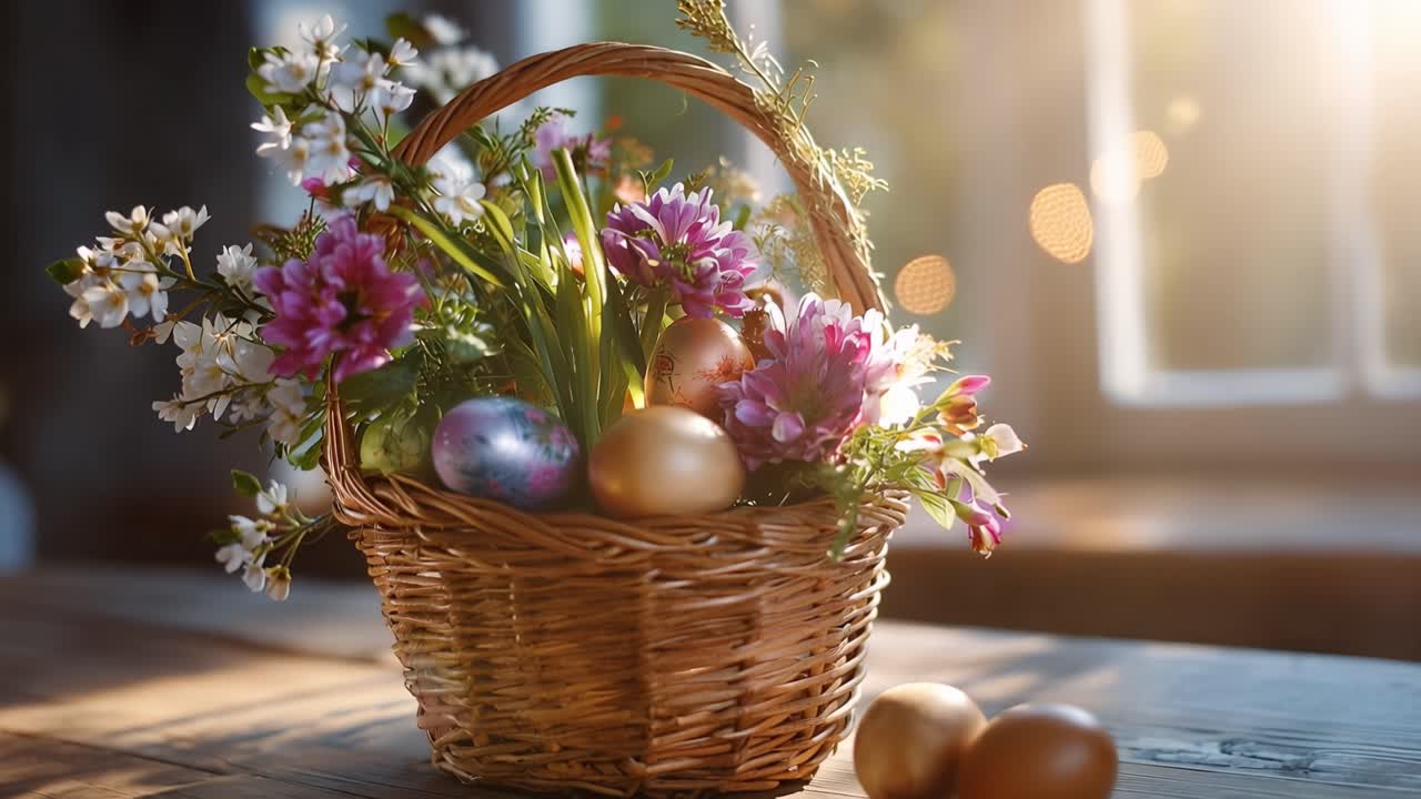 Sunlight glows through window, warming the scene. Wicker basket holds painted eggs and colorful flowers. Fragrant blooms add joy to the spring morning. Still life shows calm, festive spirit
