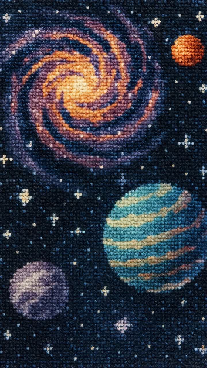 Aerial view of a vibrant, embroidered galaxy with swirling planets and stars, resembling a cosmic