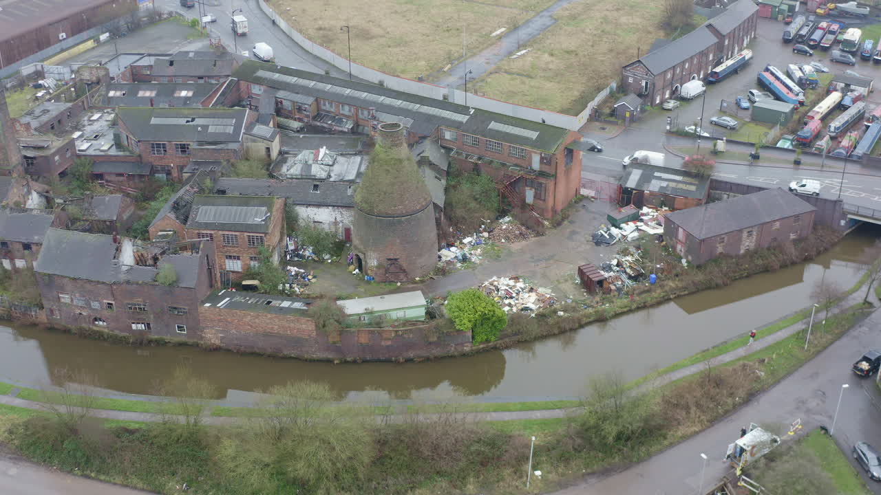 Aerial view of Kensington Pottery Works an old abandoned, derelict pottery factory and bottle kiln located in Longport, Industrial decline