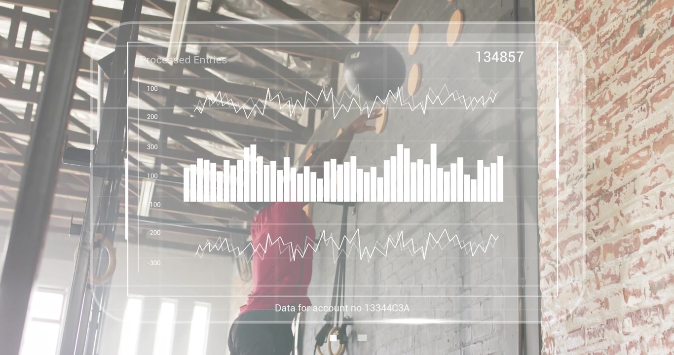 Entering adjusting stance man delivering strikes at punching bag while fitness graphs updating