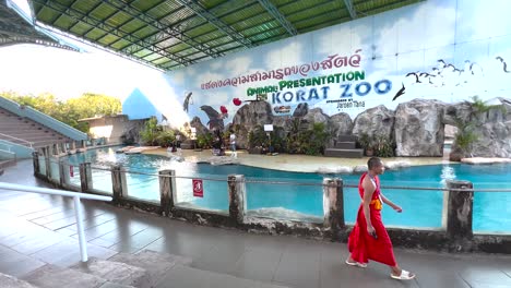 monje caminando por la exhibición de leones marinos en el zoológico