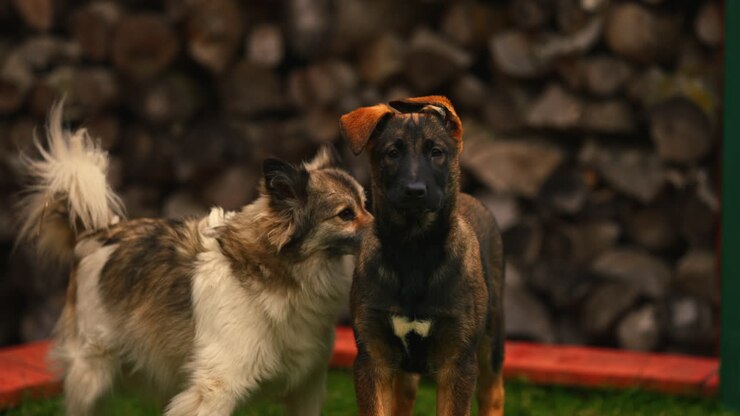 Camera volgt twee schattige honden, medium close-up met kleine scherptediepte