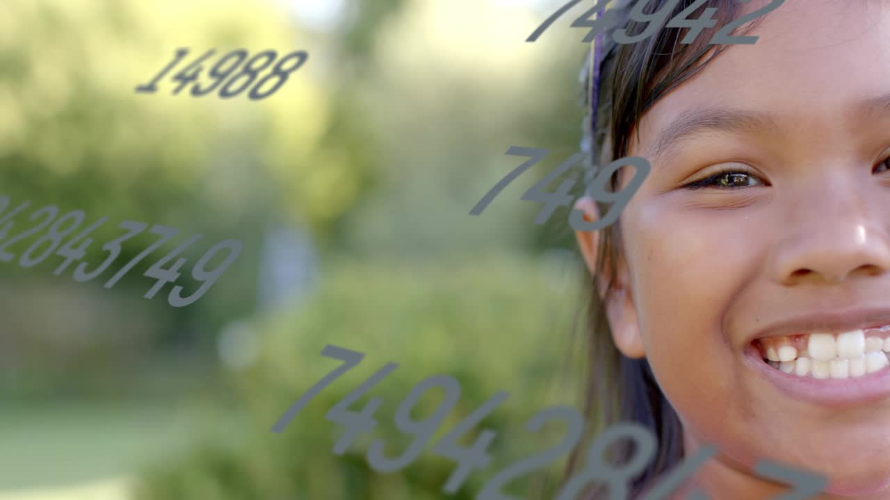 Girl smiling at camera in garden, animated numbers drifting diagonally visualizing tech data