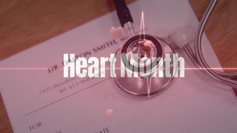 Animation-of-heart-month-text-and-hearts-over-stethoscope-and-document