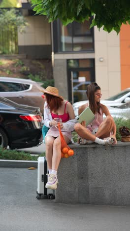 two women relaxing in city park