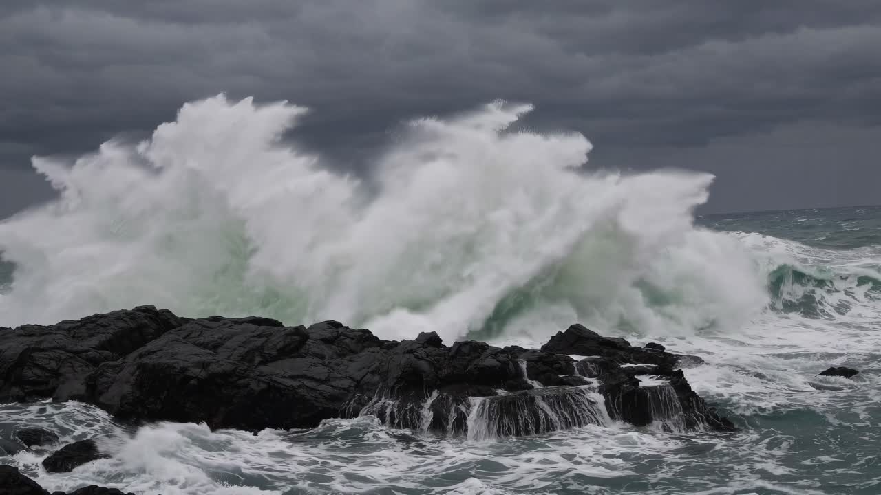 Dramatic video scene of crashing waves against rocks, captured from a low angle
