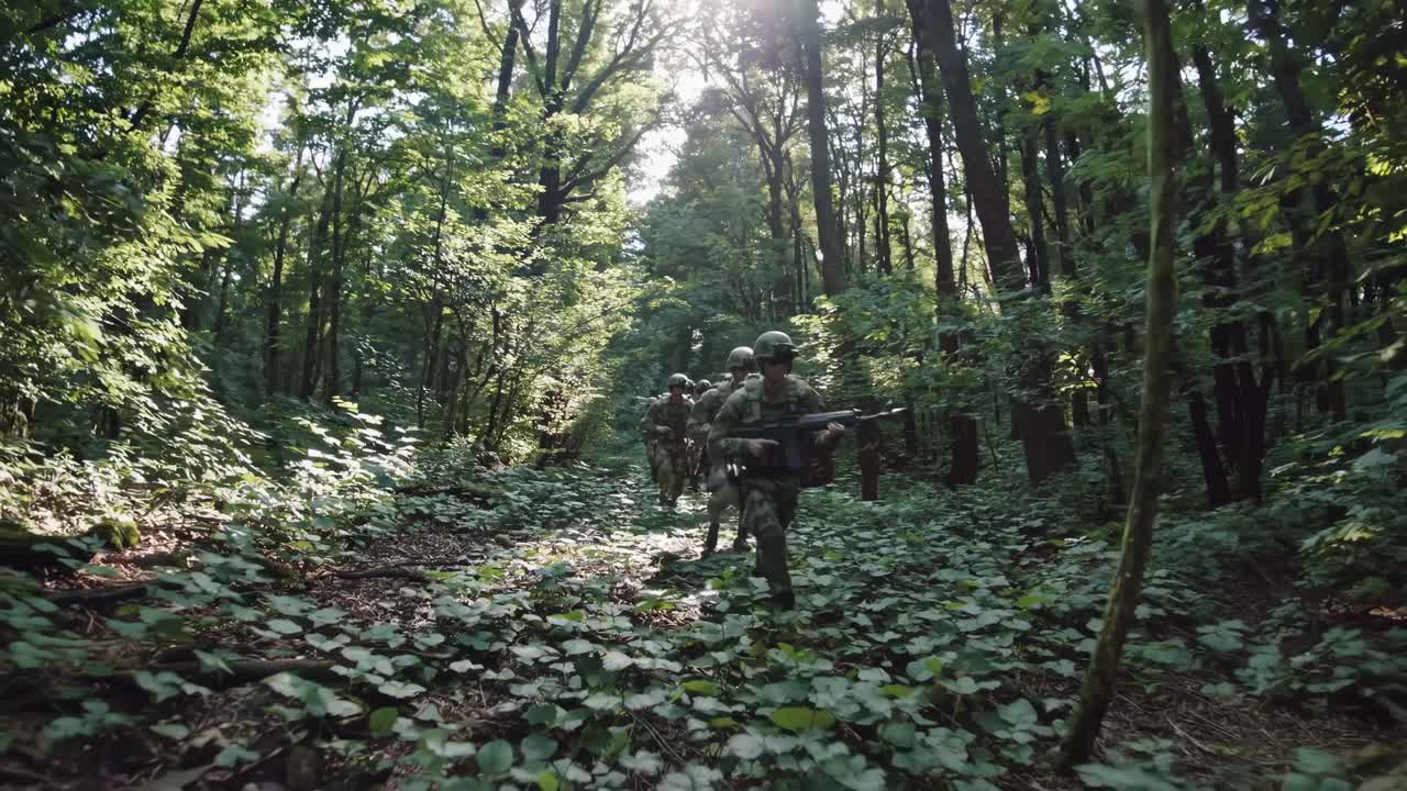 Ripresa video dal basso verso l'alto di soldati in tenuta mimetica che pattugliano una fitta foresta, catturando un senso