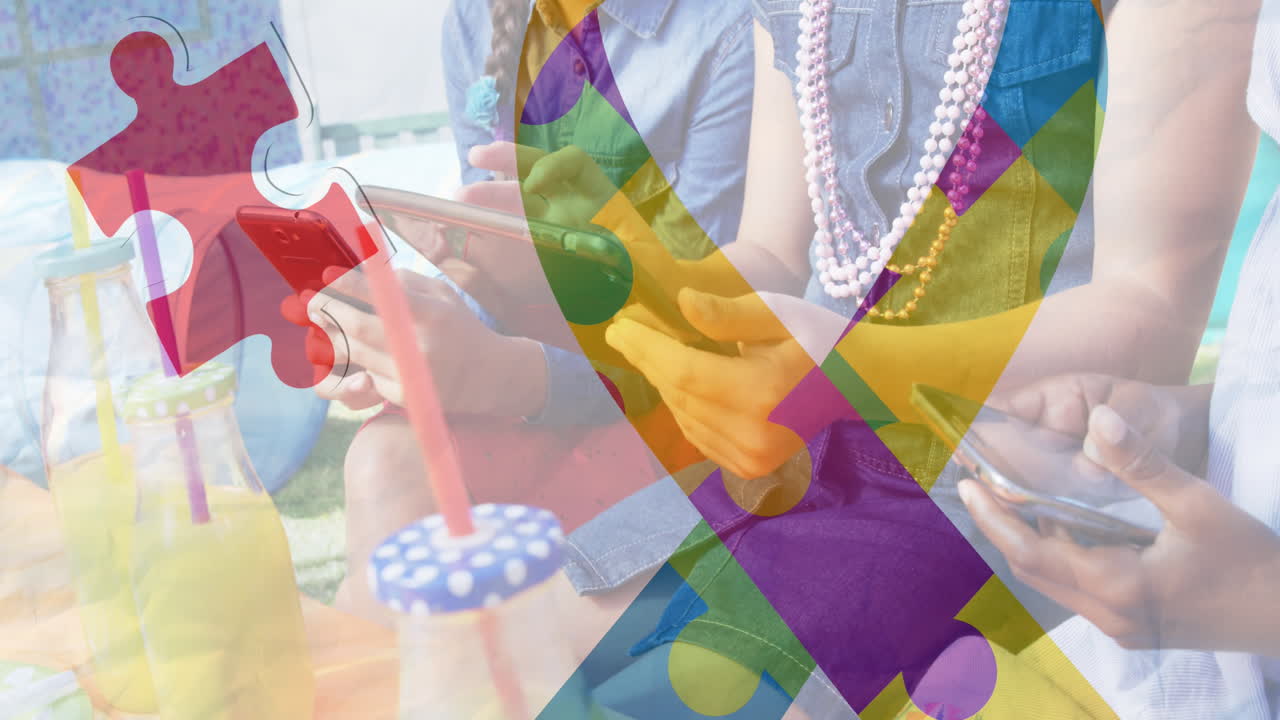 스마트 폰 및 태블릿을 사용하여 친구를 통해 다채로운 퍼즐 조각의 리본 애니메이션