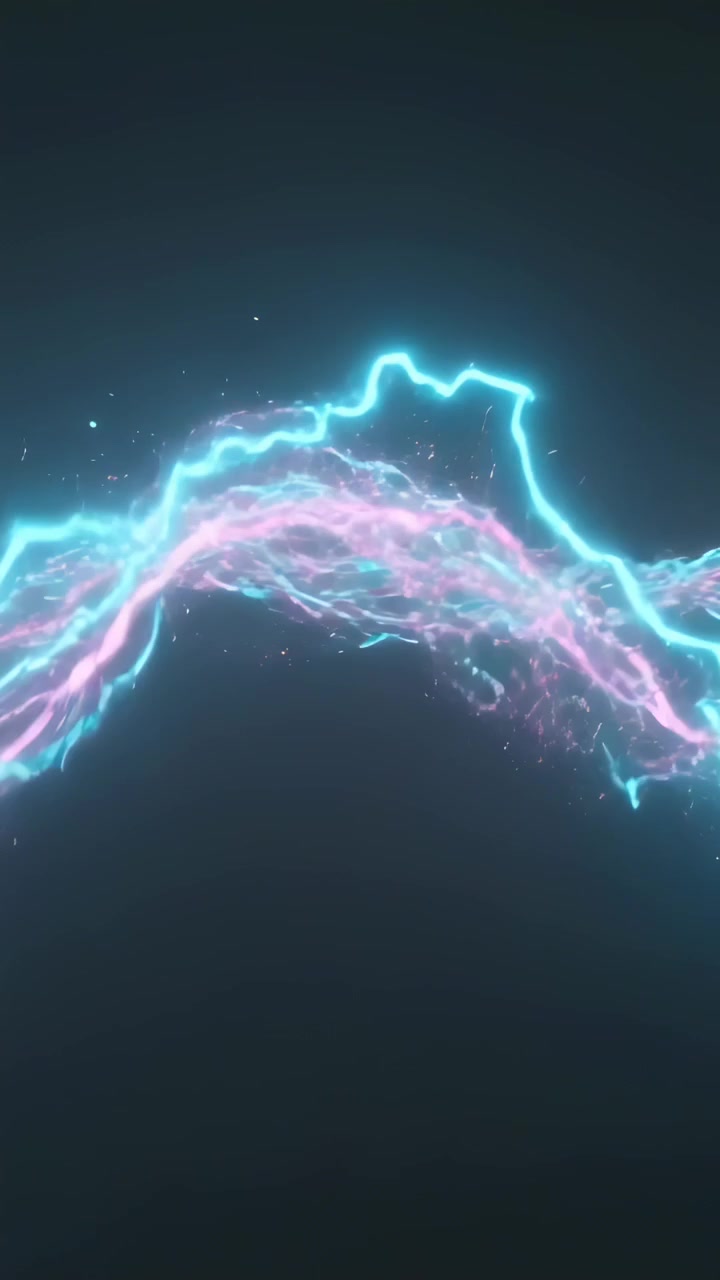Vertical video: Pulsing cyan and magenta ribbons weaving and sparking from pulses over dark void