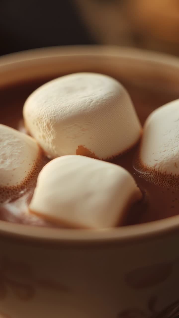 Vertical video: Steaming hot cocoa causing marshmallows softening sinking in mug on wooden tabletop