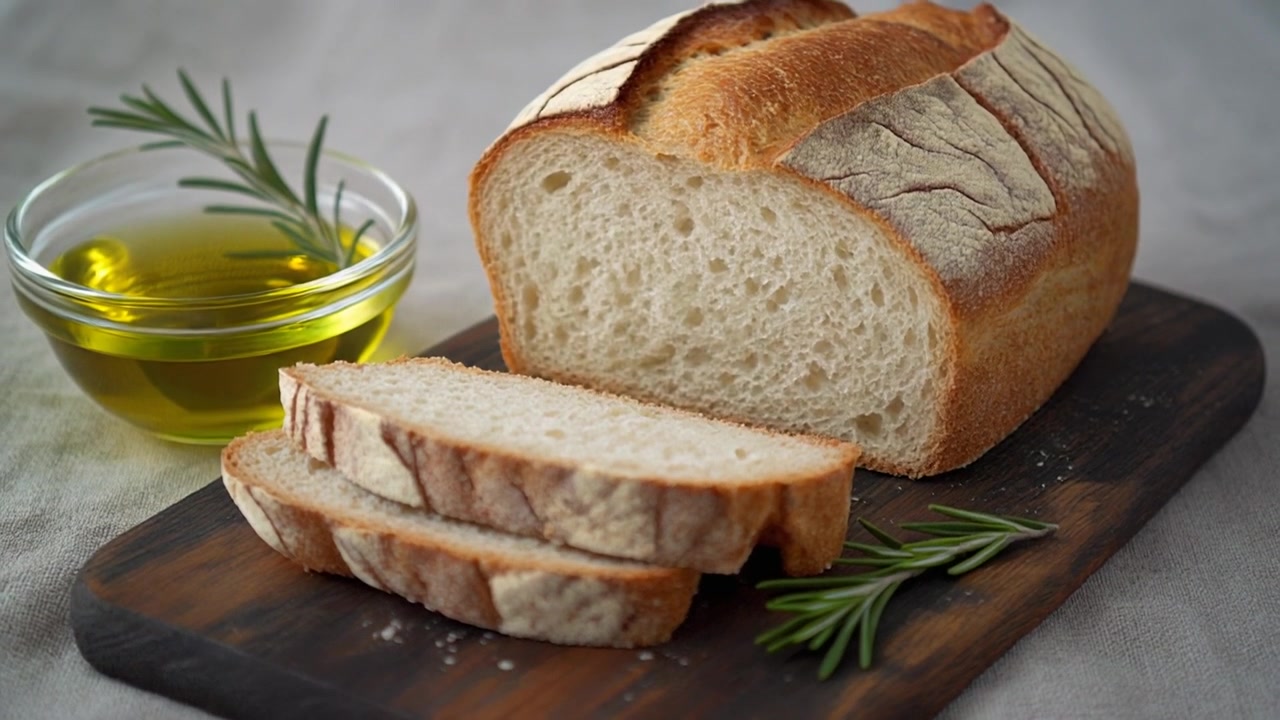 Pane a lievitazione naturale appena sfornato con olio d'oliva e rosmarino