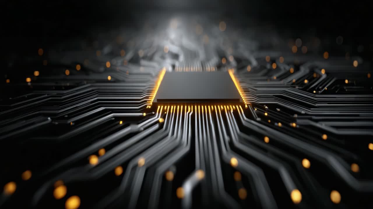 Exploring the Intricate Design of a Circuit Board with a Focus on the Microchip and its Illuminated Connections, Reflecting Modern Technology's Depth and Complexity