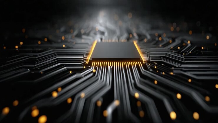 Exploring the Intricate Design of a Circuit Board with a Focus on the Microchip and its Illuminated Connections, Reflecting Modern Technology's Depth and Complexity