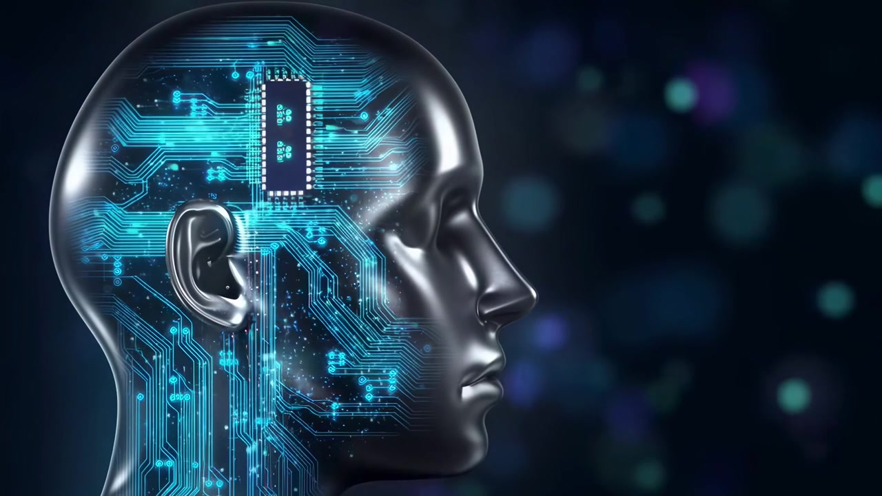 Digital Human Head with Glowing Circuitry and Microchip